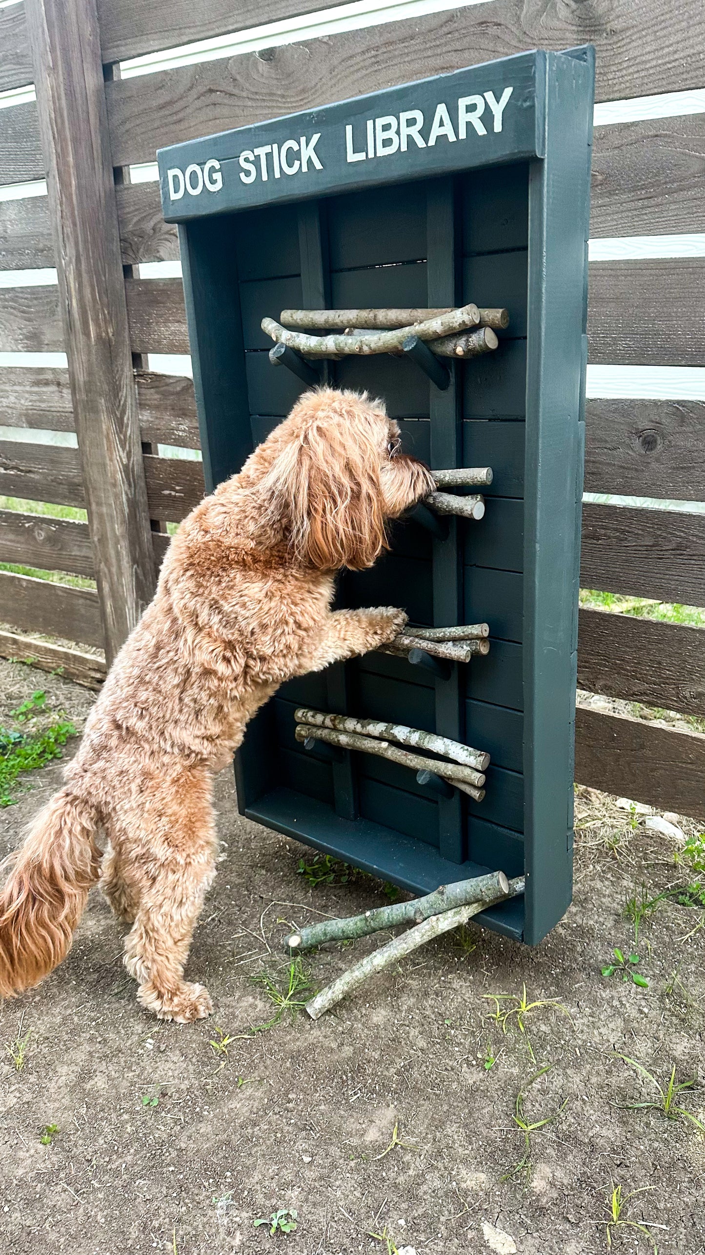 Grey Dog Stick Library side view showing handmade wood construction