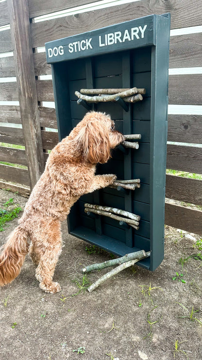 Grey Dog Stick Library side view showing handmade wood construction