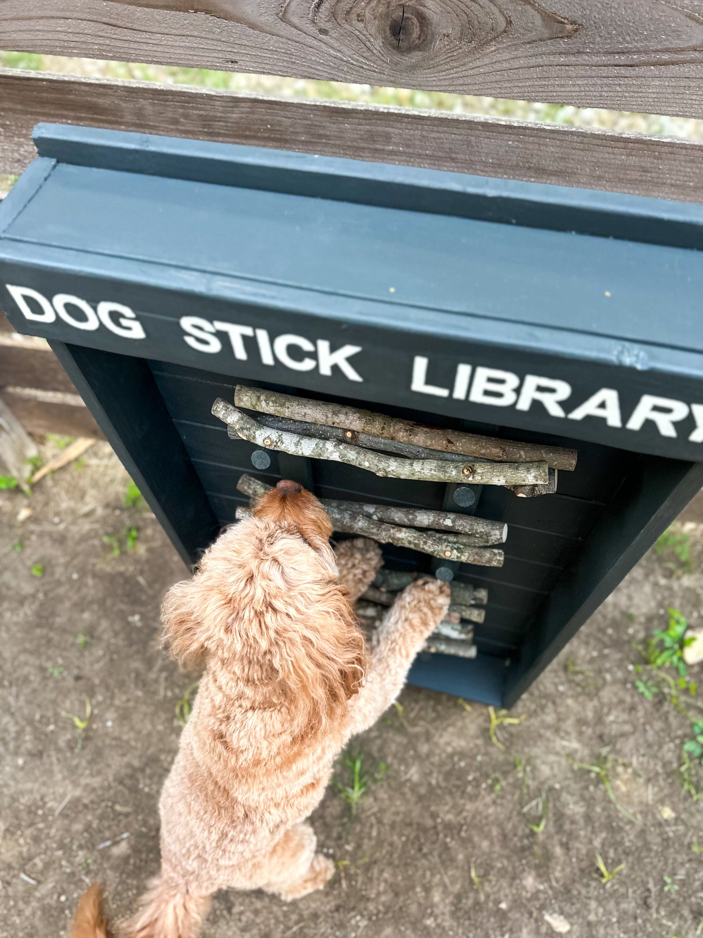 Grey Dog Stick Library close-up showing stick pegs and painted finish