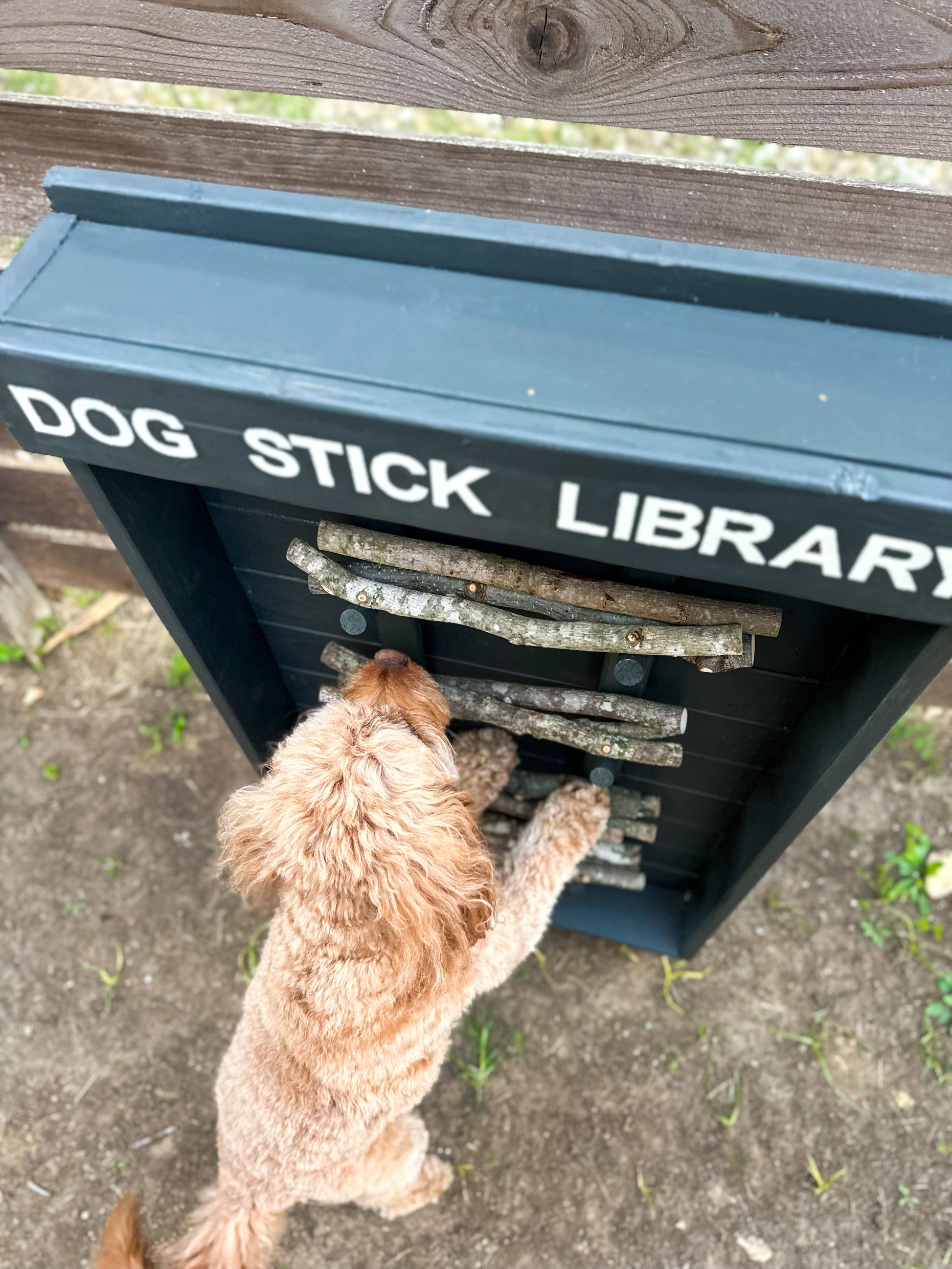 Grey Dog Stick Library close-up showing stick pegs and painted finish