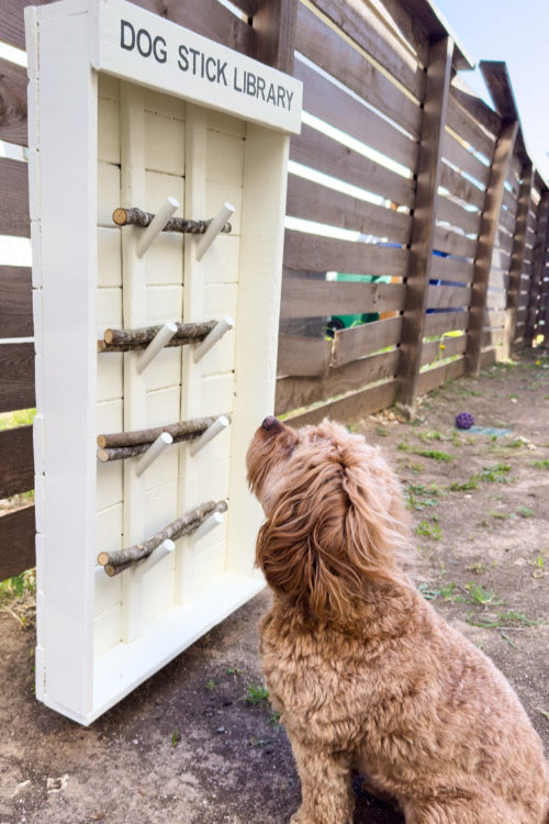 Beige Dog Stick Library in backyard setting showing natural wood finish